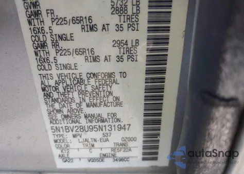 2005 Nissan Quest 3.5 Sl из США, поврежденный, VIN 5N1BV28U95N131947